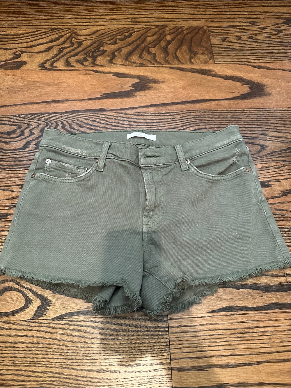 7 For All Mankind Women’s Sz. 27 Olive Green Frayed Hem Jean Shorts